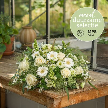 Boeket Groen Gekeurd wit rouwstuk Boeket Groen Gekeurd wit rouwstuk